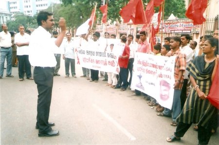 CPI-ML Candidate Lawyer K. Bharathi seen addressing students and members of AISA, the students wing of CPI-ML (Liberation) as they hold a demonstration
