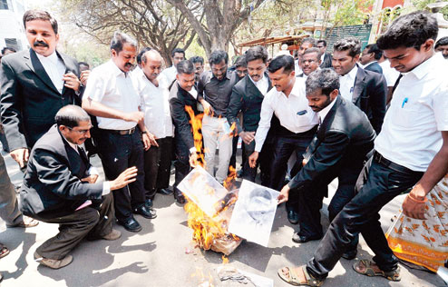Lawyers in Coimbatore burn posters of Andhra chief minister Chandrababu Naidu on Thursday in protest against the killings