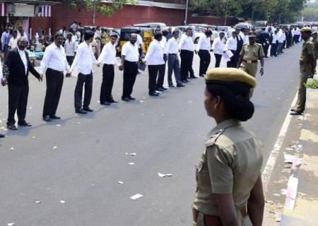 Madras High Court lawyers form a human chain during an anti-Sri Lanka protest
