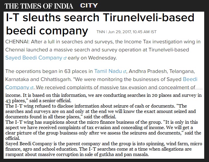 Syed Beedi- Times of India -news rores evasion